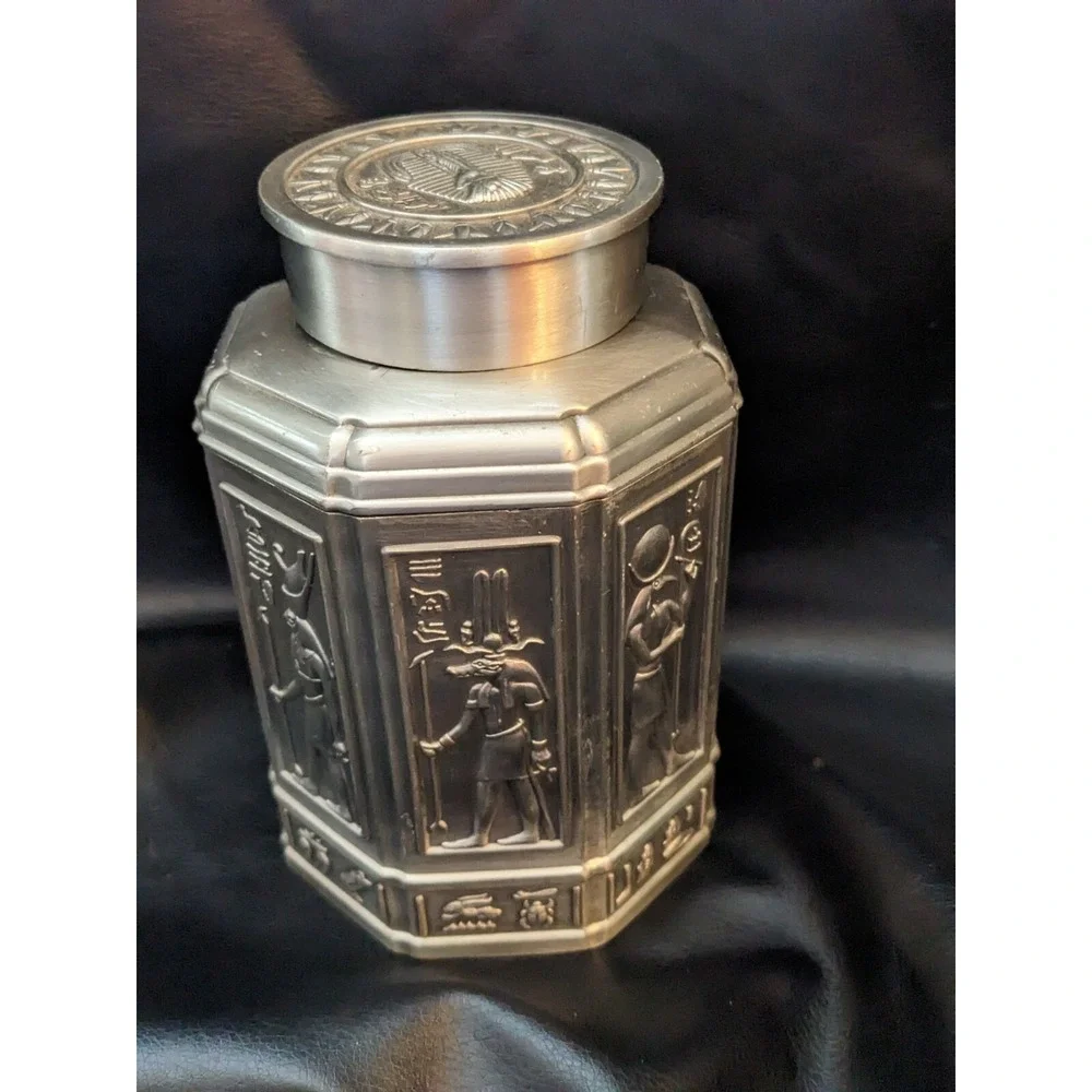 Vintage Egyptian Pharoh Ebros Sarcophagus Tea Box Canister Metal 6 Inch